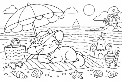 Cat at the seaside coloring page