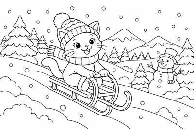 Cat sledding down a hill coloring page