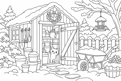 Cat in a snowy garden shed coloring page