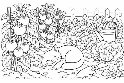 Cat in the vegetable garden coloring page