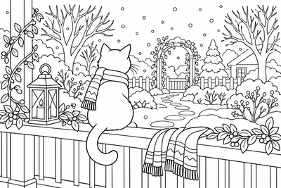 Cat watching the first snow coloring page