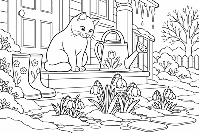 Cat watching the first snowdrops coloring page
