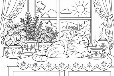 Cat on a windowsill with herbs coloring page