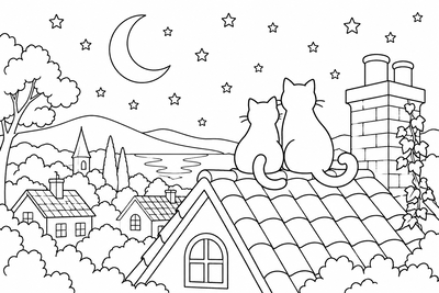 Cats stargazing on the roof coloring page