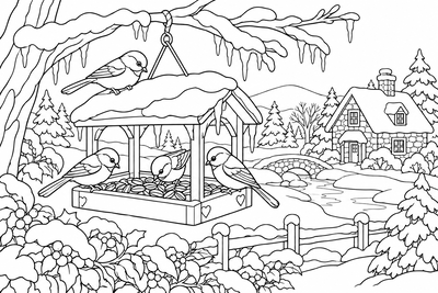 Chickadees at the bird feeder coloring page