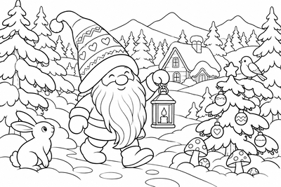 Christmas gnome with a lantern coloring page