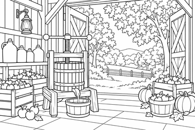 Cider press in the barn coloring page