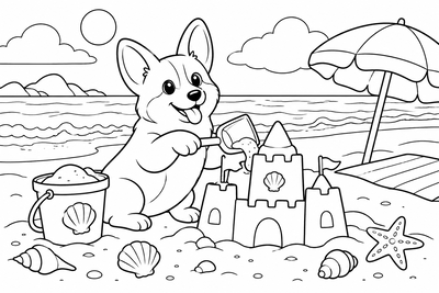 Corgi building a sandcastle coloring page