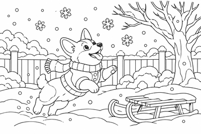 Corgi puppy catching snowflakes coloring page