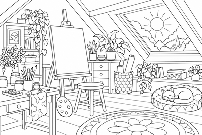 Cottage art studio coloring page
