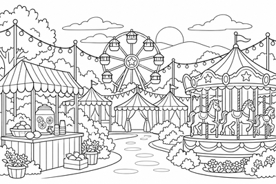 Country fair at dusk coloring page