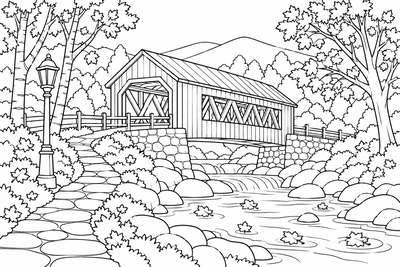 Covered bridge in autumn coloring page