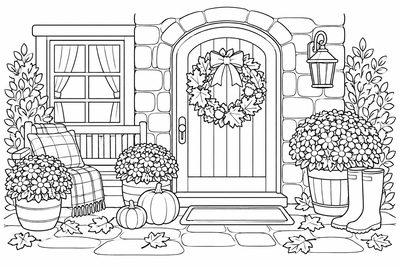 Cozy autumn front door coloring page