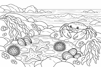 Crab by the tide pool coloring page