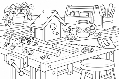 Dad's woodworking bench coloring page