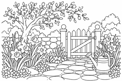 Daffodils by the garden gate coloring page