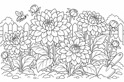 Dahlias in the garden coloring page