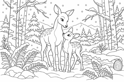 Doe and fawn in snowy birches coloring page