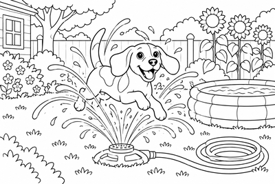 Dog jumping through the sprinkler coloring page