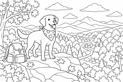 Dog hiking in the autumn mountains coloring page