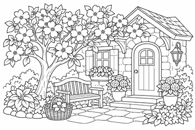 Dogwood by the cottage door coloring page
