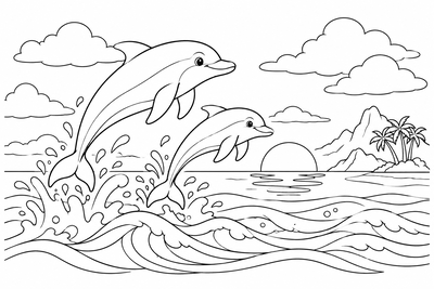 Dolphins leaping at sunset coloring page