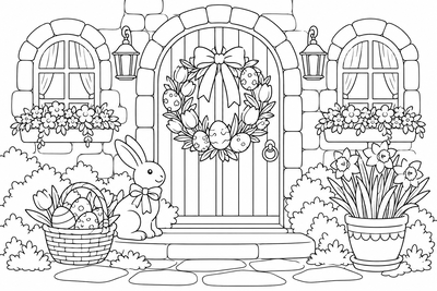 Easter wreath on a cottage door coloring page