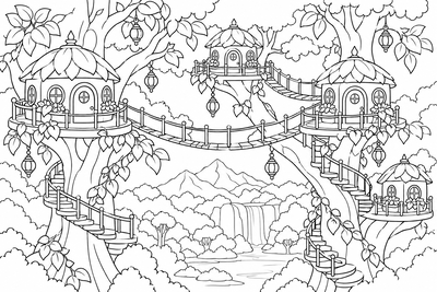 Elven treetop village coloring page