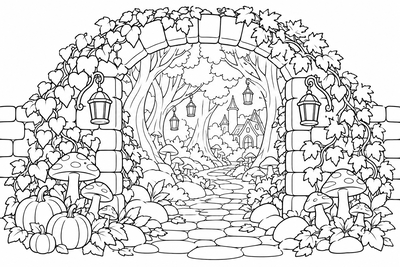 Enchanted autumn forest gate coloring page