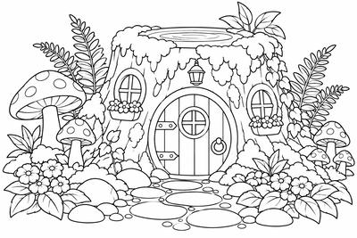 Fairy house in a tree stump coloring page