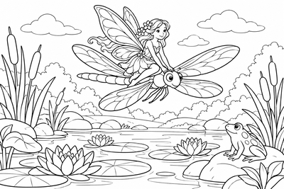 Fairy riding a dragonfly coloring page