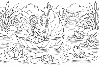 Fairy sailing a leaf boat coloring page
