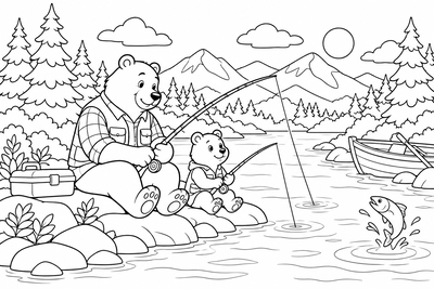 Father bear fishing with his cub coloring page