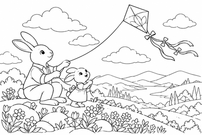Father and bunny flying a kite coloring page