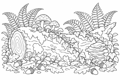 Ferns and mushrooms on a log coloring page