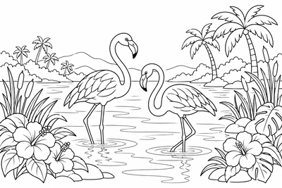 Flamingos in the lagoon coloring page