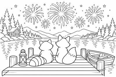 Fourth of July lake fireworks coloring page