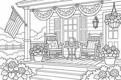 Fourth of July porch with bunting coloring page