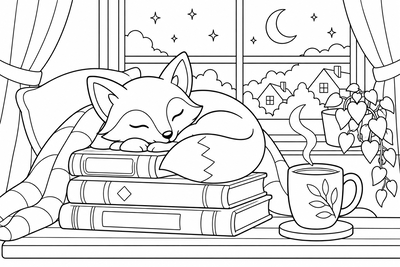 Fox asleep by the window coloring page