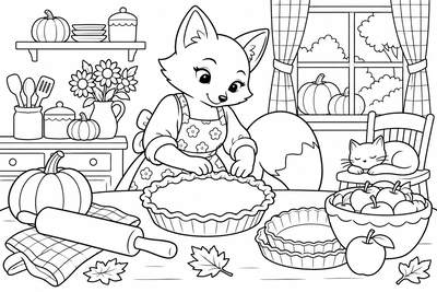 Fox baking a pumpkin pie coloring page