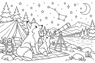 Fox dad and kit stargazing coloring page