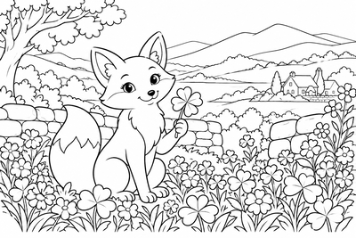 Fox with a four-leaf clover coloring page