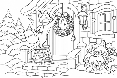 Fox hanging a Christmas wreath coloring page