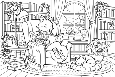 Fox in the library coloring page