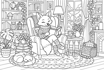 Fox in the library coloring page