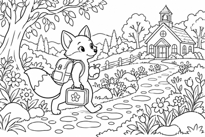 Fox walking to school coloring page