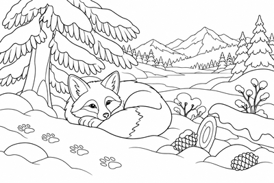 Fox in the winter forest coloring page