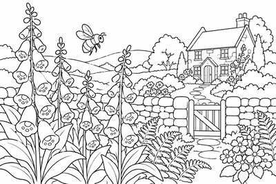 Foxgloves by the stone wall coloring page