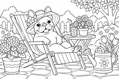 French bulldog in a deck chair coloring page