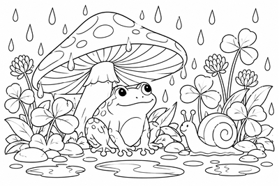 Frog under a mushroom umbrella coloring page